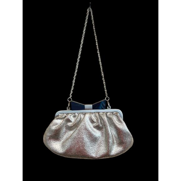 Sondra Roberts Handbags - SONDRA ROBERTS EVENING BAG CLUTCH PURSE SILVER BLACK BOW REMOVABLE CHAIN LINED